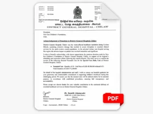 Acknowledgement of Donation to District General Hospital, Chilaw
